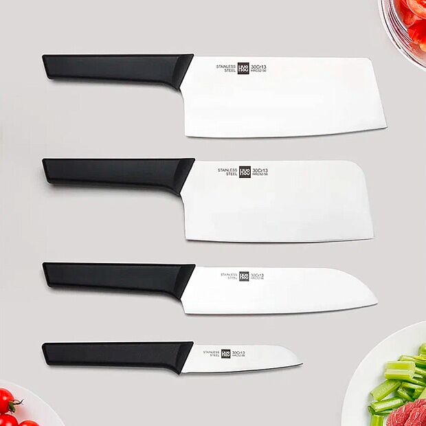 Набор стальных ножей HuoHou 6-Piece Kitchen Knife Set Lite (HU0058) (4 ножа  ножницы  подставка из сосны) (Black) RU - 3